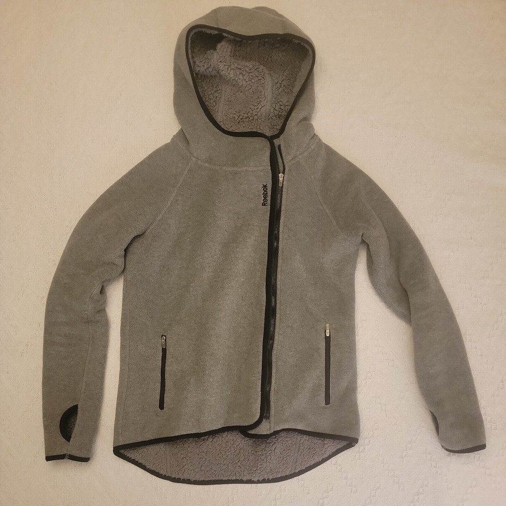 Reebok Fleece Zip Up Hoodie Gray Sherpa Lined Throughout Cozy EUC Women's S